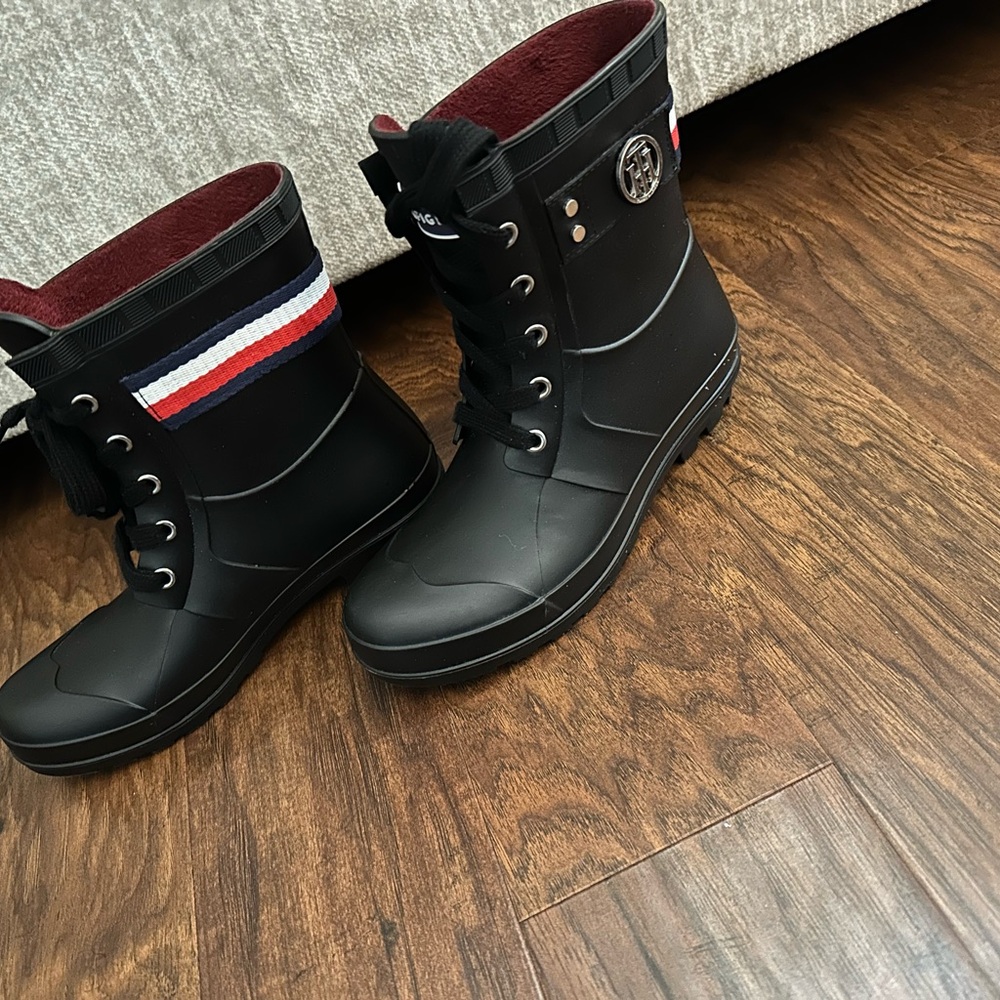Tommy Hilfiger Black Rain Boots with Red and White Accents